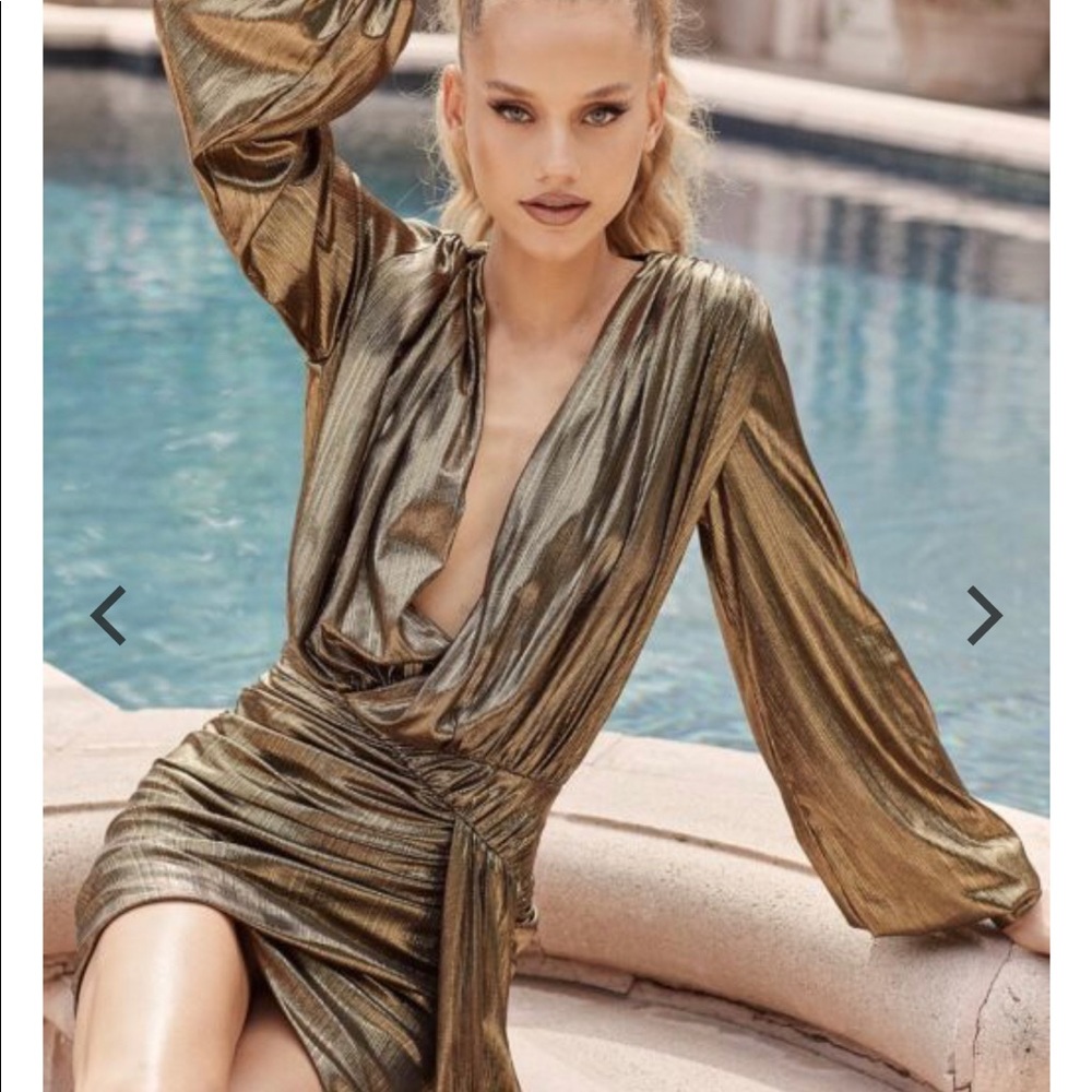 House of CB XS Gold Metallic Bronze Drape Mini Dress